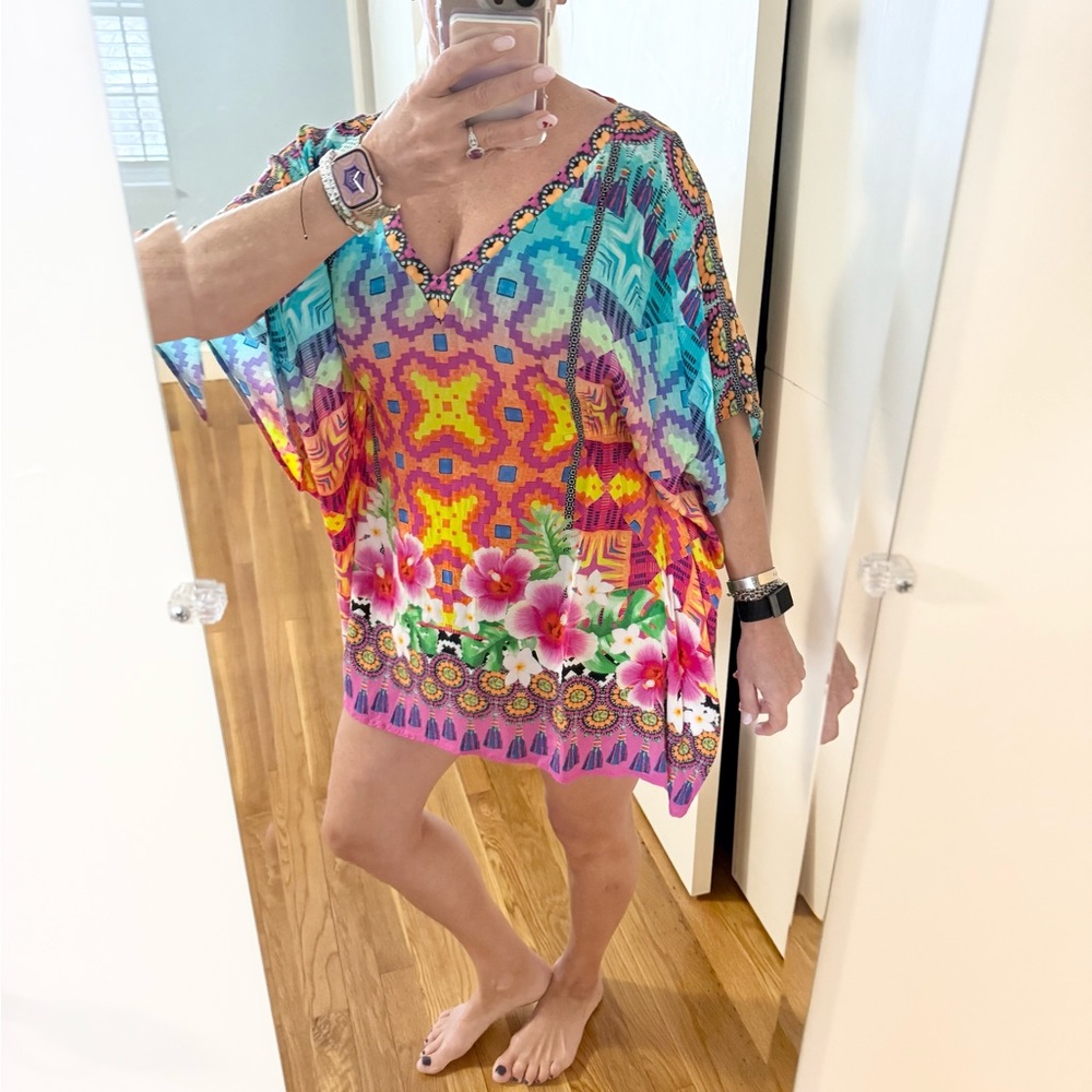 Nanette Lepore Vibrant Floral Boho Swim Cover-Up Tunic | Resort Caftan - Picture 8 of 12